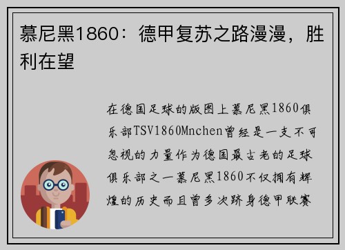 慕尼黑1860：德甲复苏之路漫漫，胜利在望