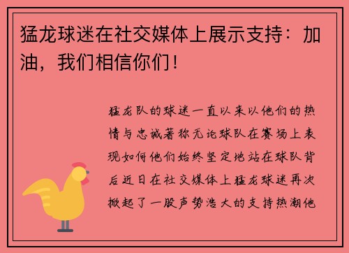 猛龙球迷在社交媒体上展示支持：加油，我们相信你们！